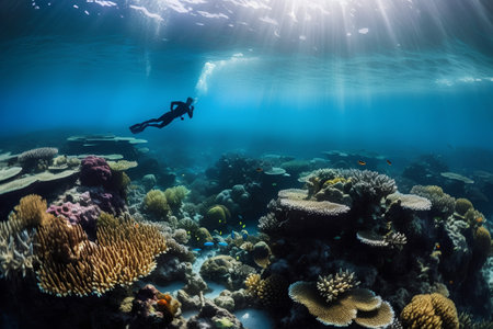 Underwater view of coral reef with man snorkeling in tropical seaの素材