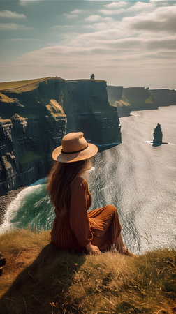 Beautiful woman in hat sitting on the cliff and enjoying the viewの素材
