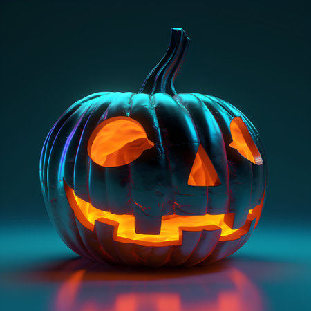 Glowing halloween pumpkin on blue background. 3D renderingの素材