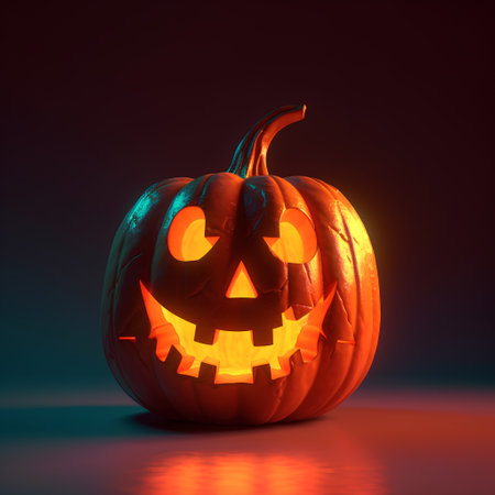 Glowing halloween pumpkin on dark background, 3d renderの素材