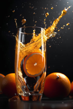 Glass of water with splashes and oranges on a black background.の素材