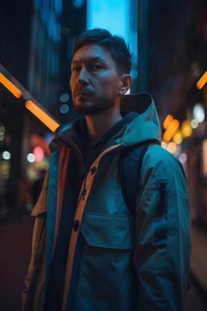 Portrait of a handsome man in a blue raincoat in the city at nightの素材