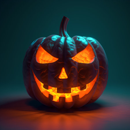 Halloween pumpkin with scary face on dark background. 3D renderingの素材