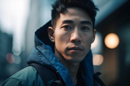 Portrait of a handsome young Asian man in a blue jacket in the cityの素材