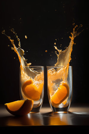 Two glasses of orange juice with splashes on a black background.の素材