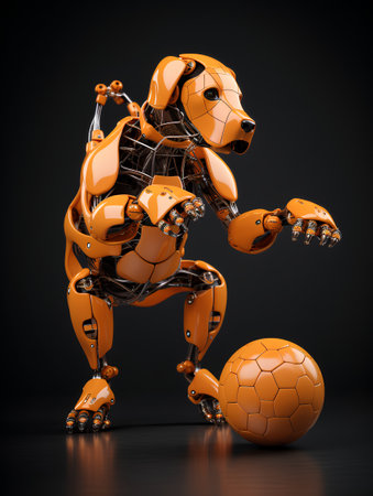 Orange robot with a soccer ball on a black background. 3d rendering.の素材