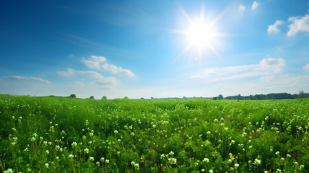 Green meadow under blue sky with white clouds. Nature composition.の素材