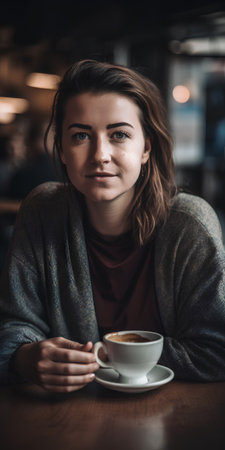 Portrait of a beautiful young woman with a cup of coffee in a cafeの素材