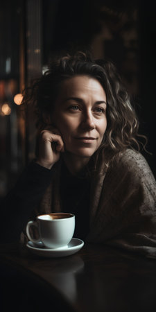 Portrait of a beautiful young woman drinking coffee in a cafe.の素材