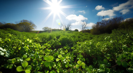 Beautiful landscape with green meadow and blue sky in sunny dayの素材