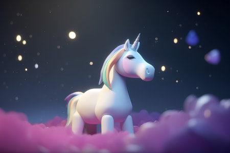 Unicorn in the clouds. 3D render. Fantasy illustration.の素材