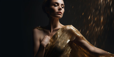 Beautiful young woman in golden dress on black background with rain.の素材