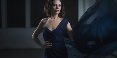 Portrait of a beautiful woman in a blue dress in the darkの素材