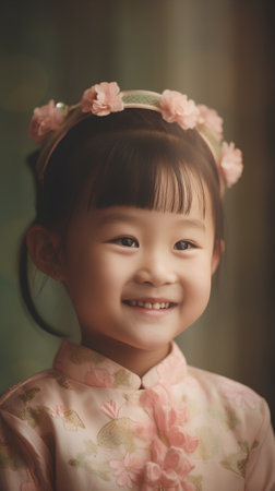 Portrait of cute asian little girl in traditional kimonoの素材