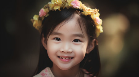 Portrait of asian cute little girl smiling and looking at cameraの素材