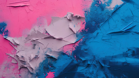 Abstract background of blue and pink paint splashes on a pink wallの素材