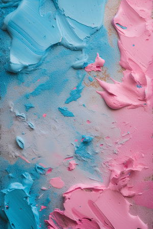 Smears of blue and pink paint on a white background. Top view.の素材