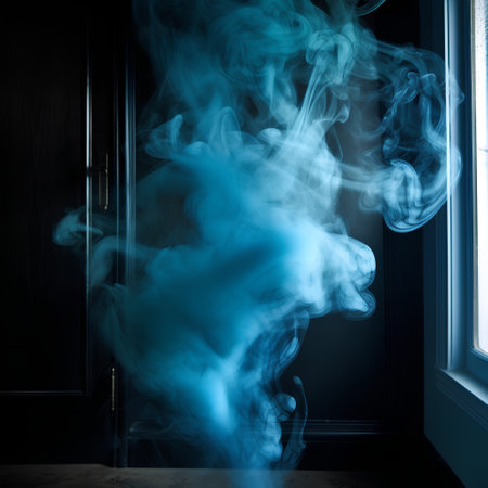 Smoke coming out of a door in the dark, abstract backgroundの素材