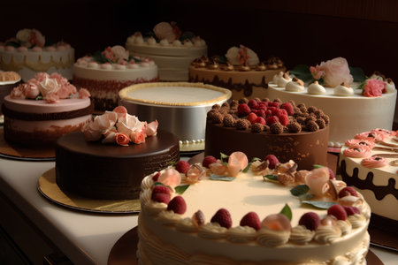 Variety of delicious cakes and pastries on display at a pastry shopの素材
