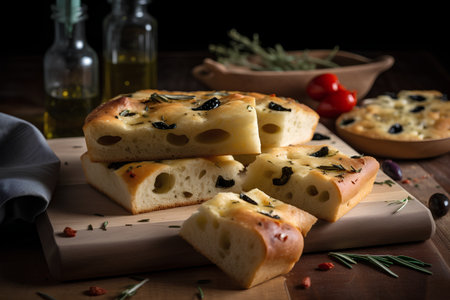 Italian focaccia bread with olives and rosemary on wooden boardの素材