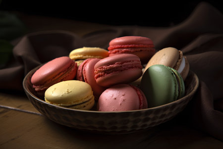 Colorful macaroons in a bowl on wooden table, selective focusの素材