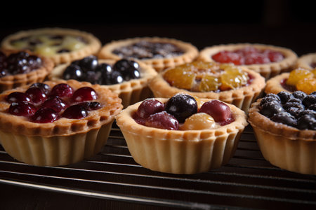 Tartlets with berries on a wooden background. Selective focus.の素材