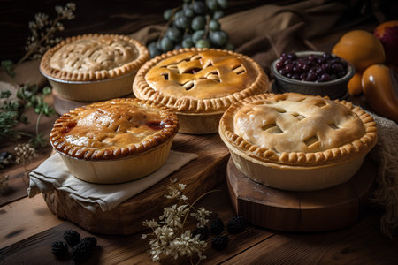 Homemade pie with berries on a wooden table. Rustic style.の素材