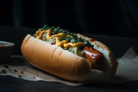 Hot dog with mustard, ketchup and parsley on black backgroundの素材