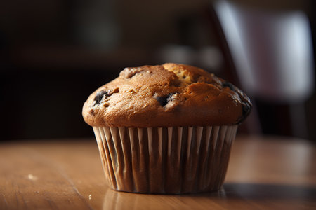Chocolate muffin with raisins on a wooden table.の素材