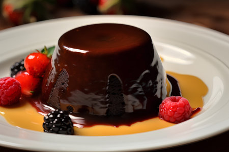 Panna cotta with chocolate sauce and fresh raspberries and blackberriesの素材