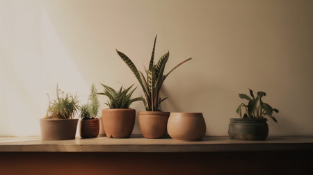 Indoor plants in pots on a shelf against a white wall.の素材