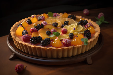 Tart with fresh fruit and berries on a dark background. Selective focus.の素材