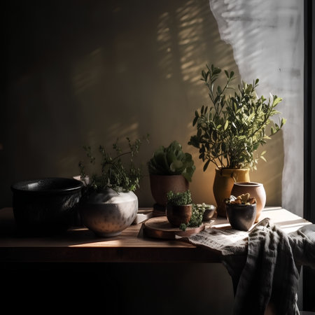 Still life with green plants and pots on a wooden shelf in sunlightの素材
