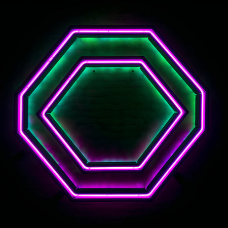 Neon hexagon frame on a dark background. 3d renderingの素材