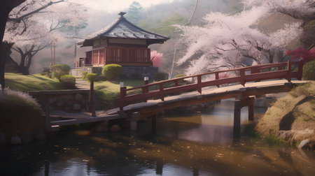 Japanese garden with cherry blossoms and a wooden bridge over the pondの素材