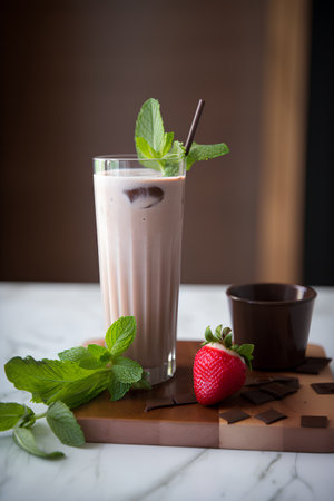 Chocolate milkshake with strawberries and mint on white marble tableの素材