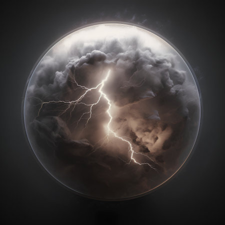 Dark stormy sky with lightning in sphere. 3d illustration.の素材