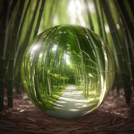 Bamboo tunnel with green grass and crystal ball, 3d renderの素材