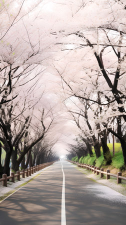 row of cherry blossoms in full bloom along the road, Japanの素材