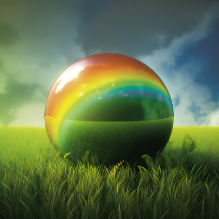 Globe on green grass with rainbow, 3d render, square imageの素材