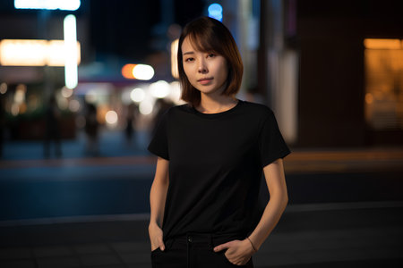 Beautiful asian woman standing in the city at night, portraitの素材