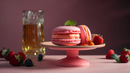 Delicious french macaroons with fresh berries on a pink backgroundの素材