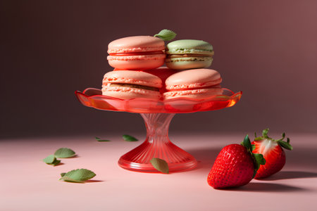 Colorful macaroons and strawberries in a glass vase on a pink backgroundの素材