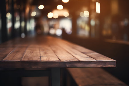 Empty wooden table and Coffee shop blur background with bokeh image.の素材