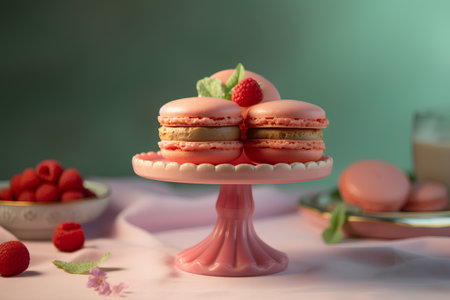 Tasty macaroons with raspberries on stand on tableの素材