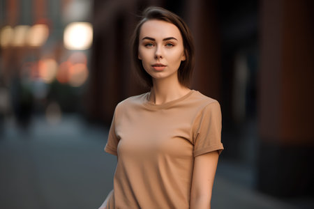portrait of a beautiful young brunette woman in the city at sunsetの素材