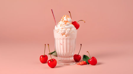 Cherry milkshake with whipped cream and fresh cherries on pink backgroundの素材