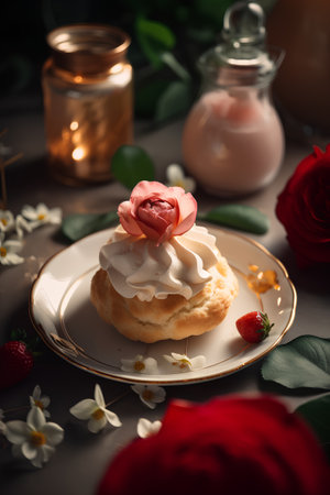 Cream puff with strawberry and rose petals on the plate.の素材