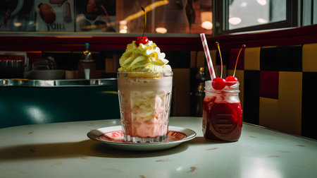 Milkshake with whipped cream and cherry in a glass on the tableの素材