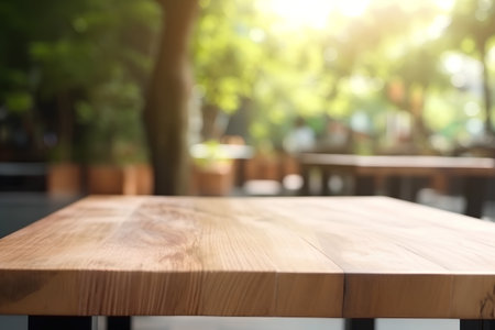 Empty wooden table and Coffee shop blur background with bokeh image.の素材